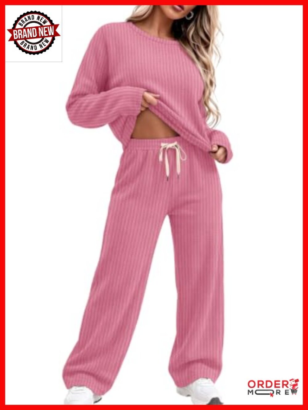 Waffle Knit Pajama Set Long Sleeve Crew Neck 2 Piece Lounge